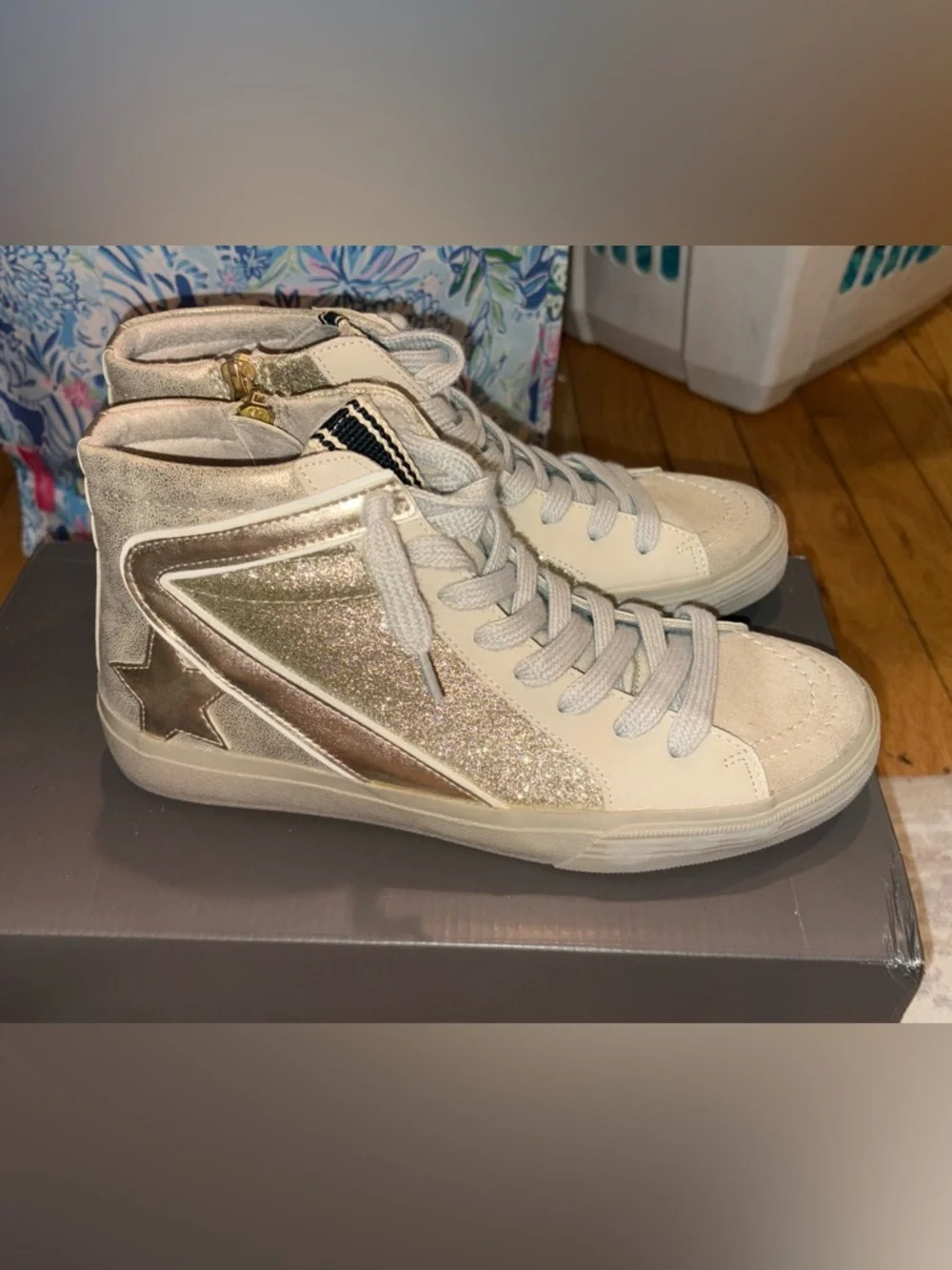 NWT Shu Shop Roxanne Gold Distressed Sneaker Size 8